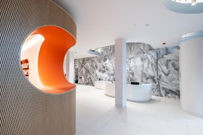 An interior shot of Adams Street Library, facing the reference desk. To the left is a curved and textured wall with an window opening in the middle of the wall to the children's section.